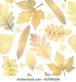 Seamless pattern with gold leaf, autumn leaves background. Vector illustration.