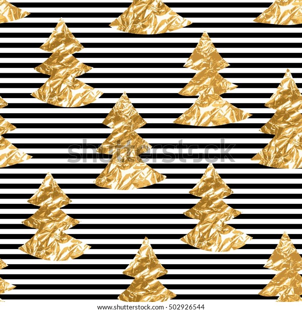 Seamless pattern with gold leaf textured\
spruces on the striped\
background