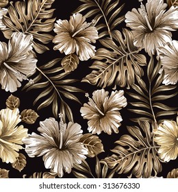 seamless pattern of gold leaves and flowers