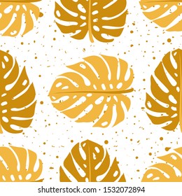 Seamless pattern of gold leaves monstera. Tropical leaves of palm tree. Vector background. Beautiful allover print with hand drawn exotic plants. Swimwear botanical design. Vector for any purposes. 
