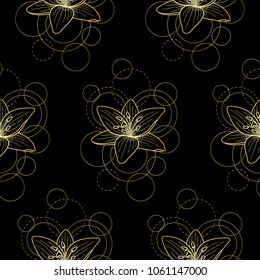 Seamless pattern with gold lily and circles on black background