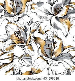 Seamless Pattern With Gold Lily Flowers. Vector Illustration.