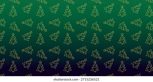 Seamless pattern of gold line art Christmas trees on a dark green gradient background for festive holiday decor.
