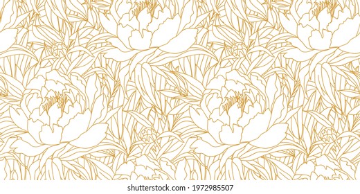 Seamless pattern with gold lines, beautiful leaves of peonies, flowers, and buds of white color.