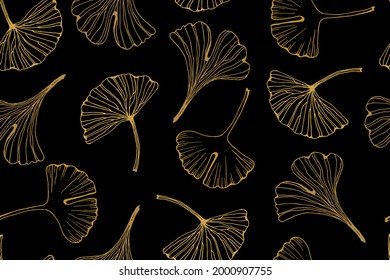 Seamless Pattern with Gold lines Ginkgo Tree Leaves on black background. Sketch vector illustration