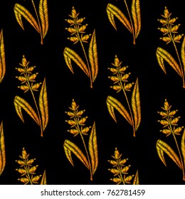 Seamless pattern with gold little wheat embroidery stitches imitation on the black background. Food background vector illustration.