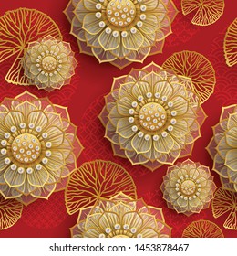  Seamless pattern with gold lotus flowers Japanese, chinese and asian elements.