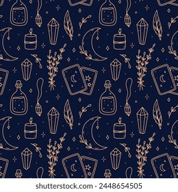 Seamless pattern with gold magic doodles on blue background - herbs, crescent moon, pendant, candles, gemstones, tarot cards, potion. Vector hand-drawn illustration. Perfect for print, wallpaper.