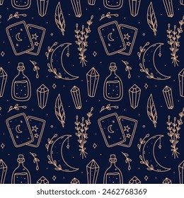 Patrón sin fisuras con garabatos mágicos de oro sobre fondo azul - hierbas, luna creciente, piedras preciosas, cartas de tarot, poción. Vector dibujado a mano ilustración. Perfecto para impresión, Fondo de pantalla, decoraciones.