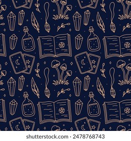 Seamless pattern with gold magic doodles on blue background - pendant, gemstones, tarot cards, potion, mushrooms and a book of spells. Vector hand-drawn illustration. Perfect for print, wallpaper.