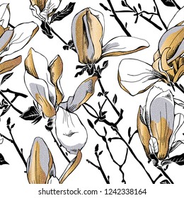 Seamless pattern. Gold Magnolia flowers on a white background. Textile composition, hand drawn style print. Vector illustration.