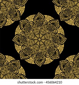 Seamless Pattern Of Gold Mandala On A Black Background