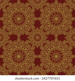 Seamless Pattern of Gold Mandala with Red Background 