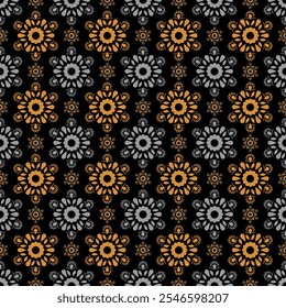 Um padrão perfeito de motivos florais em estilo mandala dourado em um fundo preto. O design apresenta detalhes intrincados e simetria radial.