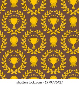 Seamless pattern of gold medals, cups and laurel wreath. Vector illustration on the theme of victory, awards, winners and competitions.