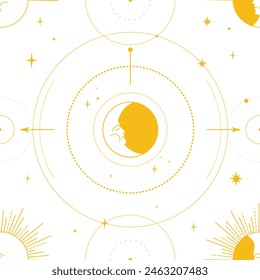 Seamless pattern with gold moon and celestial symbols. Composition of esoteric, occult, alchemical and witch symbols. Vector illustration.