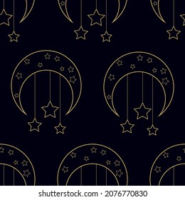 Seamless pattern with gold moon and stars on black background. Line art vector. Vintage design for print on fabric, wrapping paper, card, wallpaper, packaging