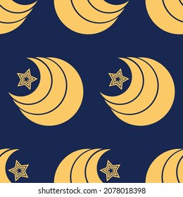 Seamless pattern with gold moons and stars in boho style. Mystical background. Modern design for print on fabric, wrapping paper, card, wallpaper, packaging. Vector illustration