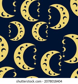 Seamless pattern with gold moons and stars on black background. Mystical garland. Vintage design for print on fabric, wrapping paper, card, wallpaper, packaging. Vector illustration
