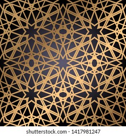 Seamless pattern gold mosaic oriental in black background. Traditional antique ornament morocco and arabian. Geometry oriental ethnic tile. Vector illustration.