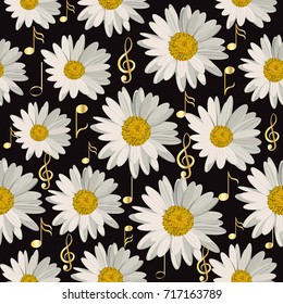 Seamless pattern with gold music notes and daisies on black background.