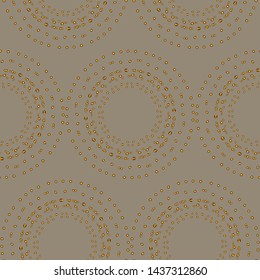 Seamless pattern with gold ornament in circle on white background. Hand draw design. Graphic modern pattern.