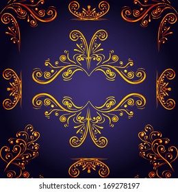 Seamless pattern with gold ornaments in the form of curls on a dark blue background, can be used as a frame or template for text.