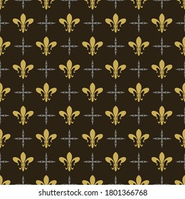 Seamless pattern of gold ornaments on a black background in a royal style.