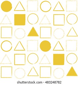 Seamless pattern with gold painted circles, squares, triangles. Abstract geometric modern background. Vector illustration.