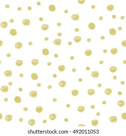 Seamless pattern with gold painted random dots hand drawn by marker. Polka dot styled background. Original texture for prints, textile, wallpapers and wrapping design. Vector eps8 illustration.