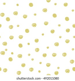 Seamless pattern with gold painted random dots hand drawn by marker. Polka dot styled background. Original texture for prints, textile, wallpapers and wrapping design. Vector eps8 illustration.