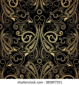Seamless pattern with gold paisley. Floral background c oriental motifs. Vector illustration
