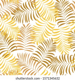 Seamless pattern with gold palm leaves on white background