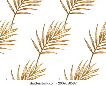 Seamless pattern with gold palm leaves. Summer, tropical, voyage, beach vibe. Design for fashion, interior design. Suited for textile, background, wallpaper, wrapping, swimsuit, silk, satin shawl.