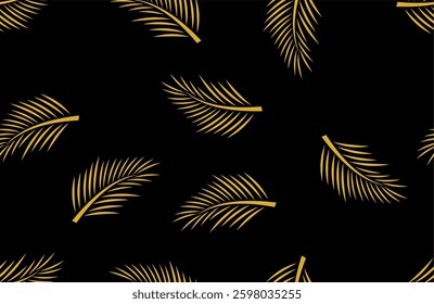 seamless pattern with gold palm leaves on black background. palm tree leaves seamless pattern.