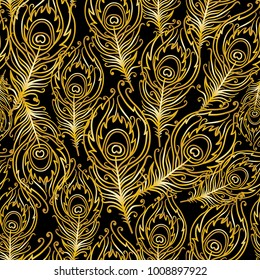 Seamless pattern with gold peacock feathers on black background 
