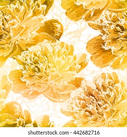 Seamless pattern with gold peonies flowers background. Vector abstract art illustration.