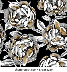 Seamless pattern with Gold Peony flowers and leaves on a black background. Vector illustration.