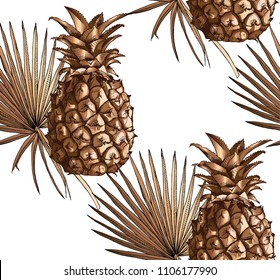 Seamless pattern. Gold Pineapple fruit, Exotic Tropical leaves. Vector illustration. 