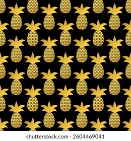 Seamless pattern with gold pineapple on black background. Golden tropical fruit.  Vector template for fabric, textile, wallpaper, wrapping paper, scrapbooking, etc