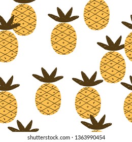Seamless pattern with gold pineapple. Summer tropical fruit print. Vector hand drawn illustration.