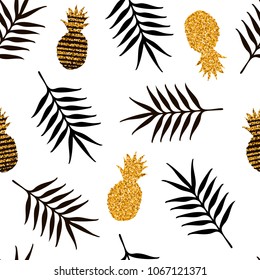 Seamless pattern with gold pineapples and black tropical leaves. Vector illustration
