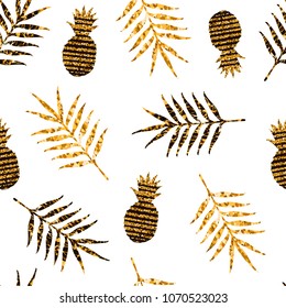 Seamless pattern with gold pineapples and tropical leaves. Vector illustration