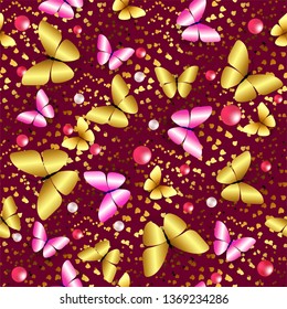 Seamless pattern of gold and pink butterflies and pearls. Summer sale, big discount, cosmetics label, wedding card, Birthday, mother's Day, fabrics, paper