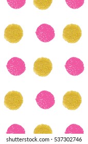 Seamless Pattern with Gold and Pink Dots on White Background. Vector Illustration with Watercolor Hand Drawn Drops.