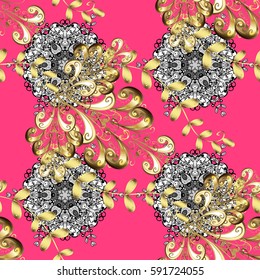 Seamless pattern. Gold pink floral ornament in baroque style. Golden element on pink background. Golden floral wallpaper. Damask background.