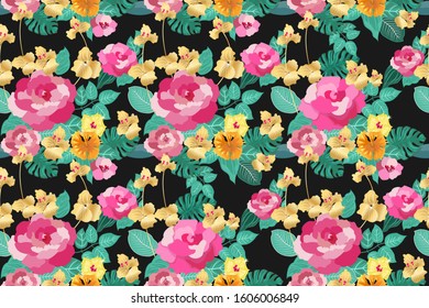 Seamless pattern with gold and pink roses, Floral background for natural, Wedding card, frabric, Products, wrapping paper.