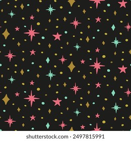 Seamless pattern with gold and pink stars motifs. Bohemian celestial wallpaper.