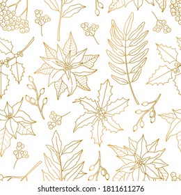 Seamless pattern, with gold plants. Poinsettia, holly berry, and laurel leaves in doodle line style, modern ornate for New Year, decoration on white background.