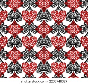 Seamless pattern of gold  playing cards retro decorative suit symbols isolated on white. Vector illustration